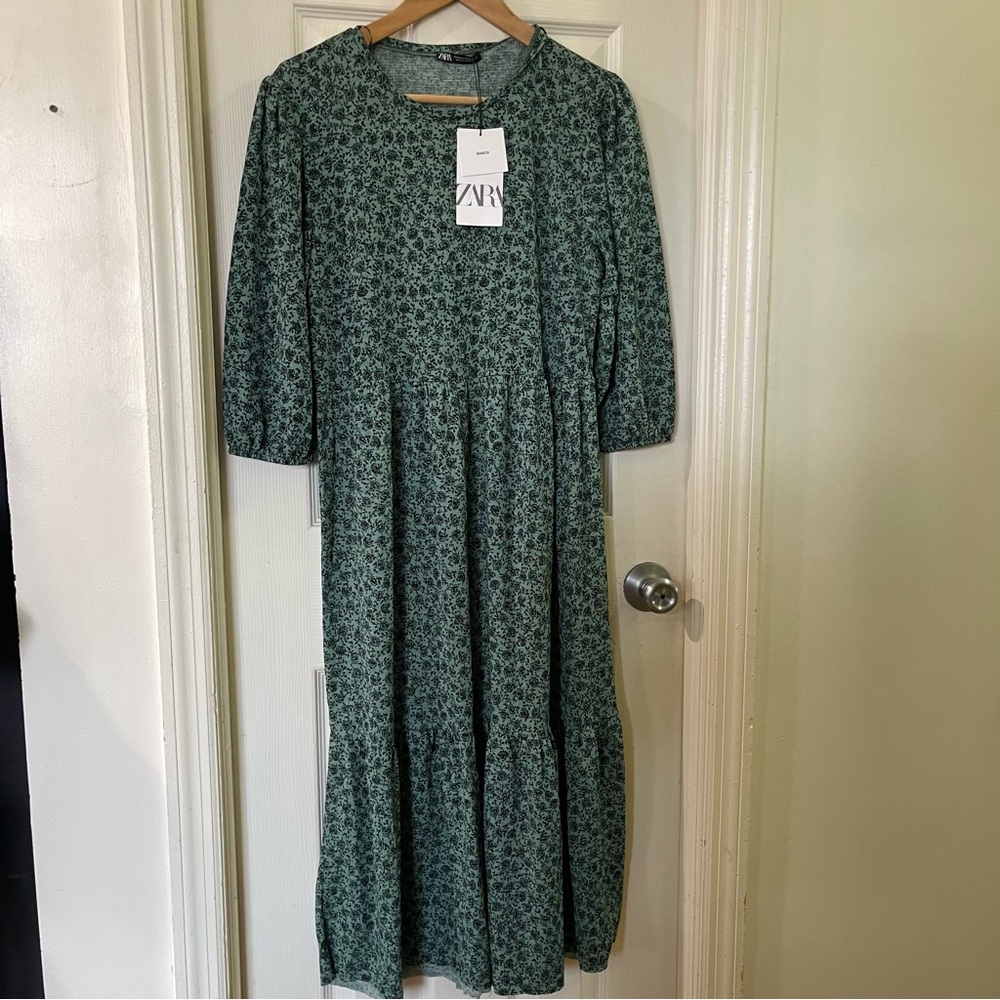 Zara Teal Patterned Long Sleeve Dress